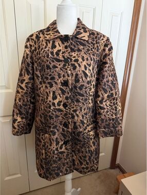 Chico’s Size 3 XL Animal Print Long Jacket Leopard Button Front 33” Coat